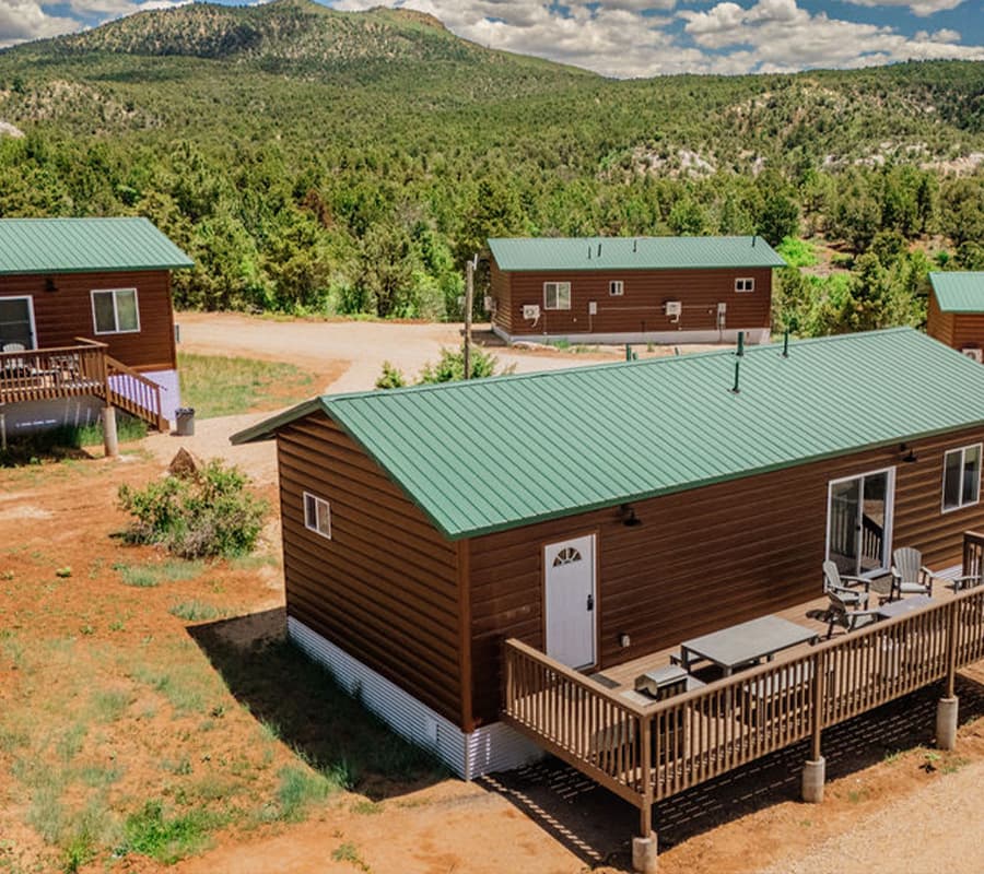 Aerial view of wooden cabins with green roofs set in a wooded landscape.